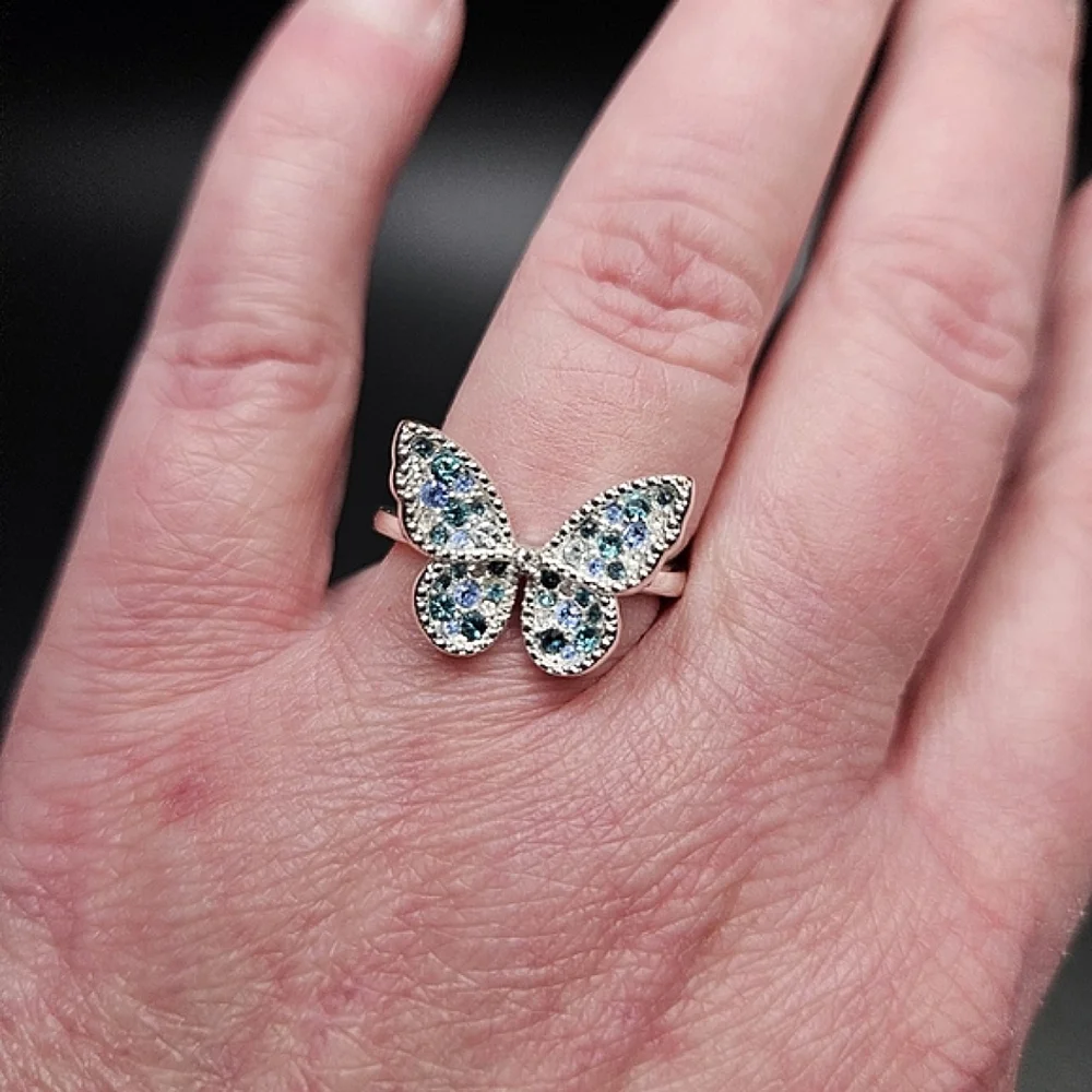 Sparkling Blue and Green Rhinestone Butterfly Ring Silver Plated Size 8 - Picture 5 of 5